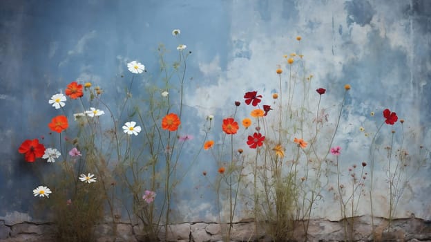 A vibrant mix of wildflowers stands tall in full bloom, showcasing a striking contrast against the textured backdrop of a dilapidated wall - Generative AI