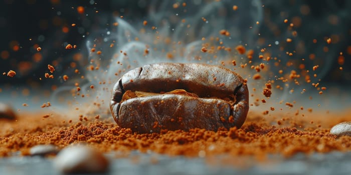 Extreme macro photography of fresh roasted coffee beans ground