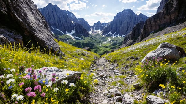 A vibrant mountain path lined with wildflowers leads towards towering peaks under a clear blue sky - Generative AI