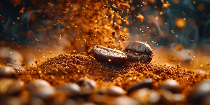 Extreme macro photography of fresh roasted coffee beans ground