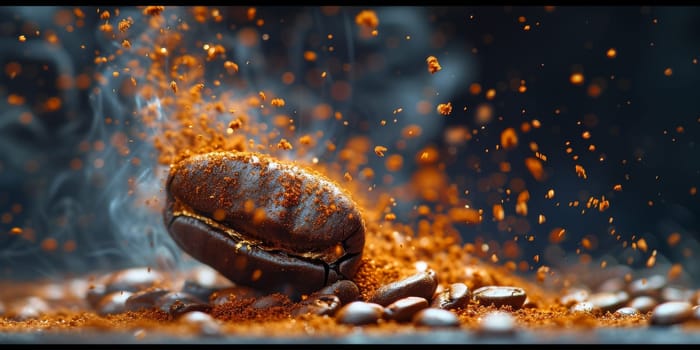 Extreme macro photography of fresh roasted coffee beans ground