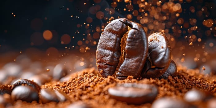 Extreme macro photography of fresh roasted coffee beans ground