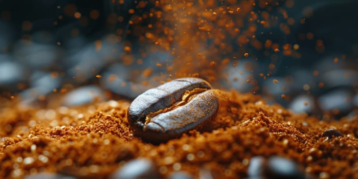 Extreme macro photography of fresh roasted coffee beans ground