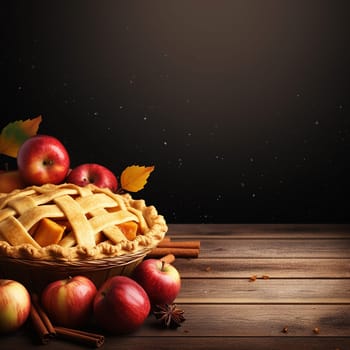 Traditional apple pie with cinnamon and fall leaves on dark background.