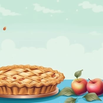 Illustration of a freshly baked apple pie with two apples on the side.