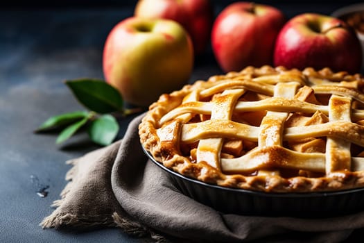 Freshly baked apple pie with lattice crust on dark background