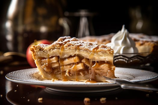 Sliced apple pie with whipped cream on a classic plate, dessert.