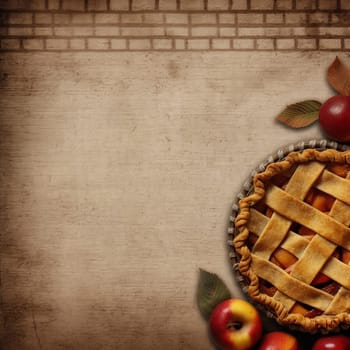 Autumn-themed image featuring a whole apple pie with lattice crust adjacent to fresh apples.
