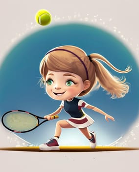 A young girl tennis player in cartoon style poses n a open big tennis court. High quality illustration