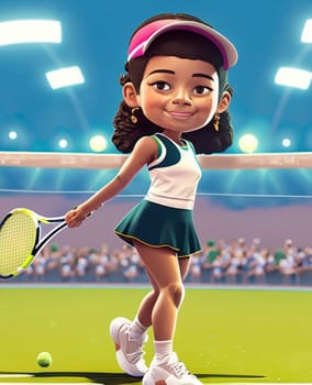 A young girl tennis player in cartoon style poses n a open big tennis court. High quality illustration