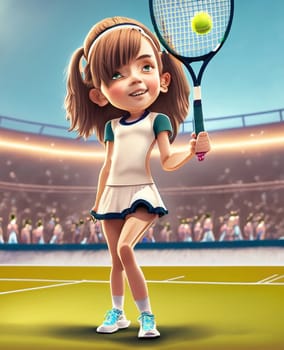 A young girl tennis player in cartoon style poses n a open big tennis court. High quality illustration