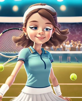 A young girl tennis player in cartoon style poses n a open big tennis court. High quality illustration