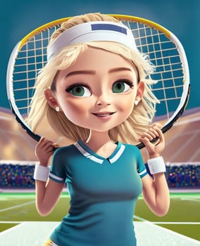 A young girl tennis player in cartoon style poses n a open big tennis court. High quality illustration