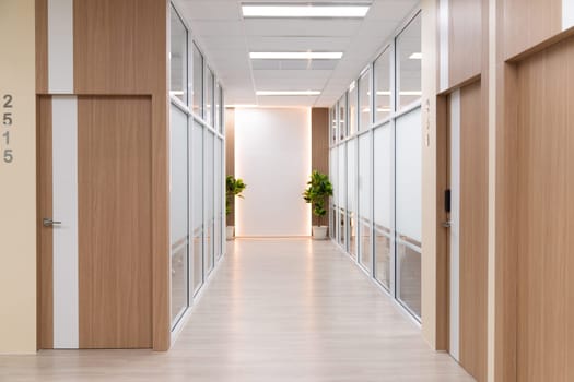 Empty modern office bright corridor with glass wall. Long white modern office hallway. No businesspeople. Many glass wall and doors. White bright empty workplace corridor background. Ornamented.