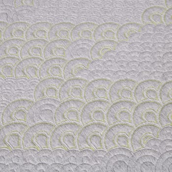 Close-up view of soft grey fabric with intricate lime green scalloped embroidery, ideal for modern interior design and fashion, shot in Fort Wayne, Indiana, 2017.