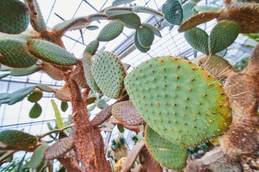 Close-up view of a prickly pear cactus in Matthaei Botanical Gardens, Michigan, showcasing the intricate textures and resilience of desert plants in a greenhouse setting.