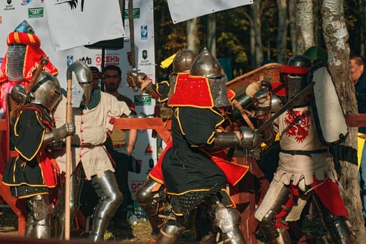 Bishkek, Kyrgyzstan - October 13, 2019: Reconstruction of medieval. Historical reconstruction of medieval Bulgarian costumes. Fortress, festival.