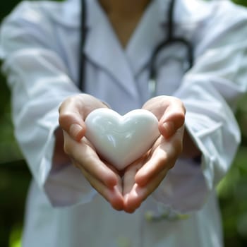 One unrecognizable male doctor in a white coat, stretching his arms forward holds a white porcelain heart in his palms, close-up side view.
