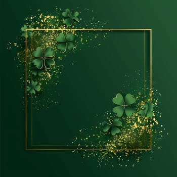 Beautiful delicate background of a square gold frame with shamrock leaves on a green background with copy space in the center, flat lay close-up.