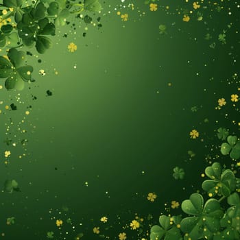 Beautiful delicate background of falling 3D shamrock leaves on a green background with copy space in the center, flat lay close-up.