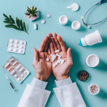 One unrecognizable male doctor in a white coat, stretching his arms forward holds white pills in his palms on a light blue background with a phonendoscope, bottles of medicine and plant branches, flat lay close-up.