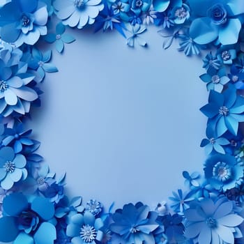 Beautiful delicate background of cut out paper blue flowers arranged around the edges of a round frame with copy space in the center, flat lay close-up.