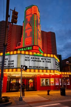 Twilight Glow of State Theatre in Downtown Ann Arbor, Michigan, an Iconic Movie House with Neon Marquee