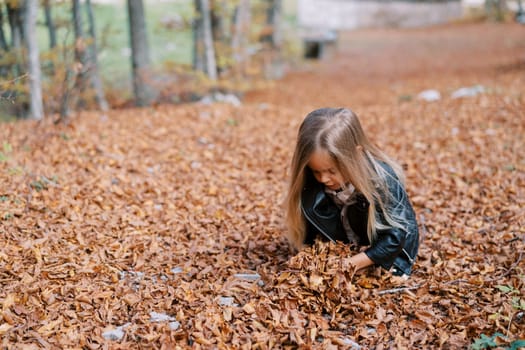 Little girl squats, raking dry fallen leaves into a pile with her hands in the autumn forest. High quality photo