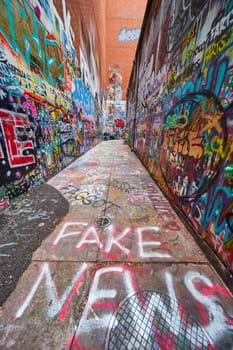 Vibrant graffiti covering an alley in downtown Ann Arbor, Michigan, highlighting urban street art culture and political commentary with prominent 'Fake News' text