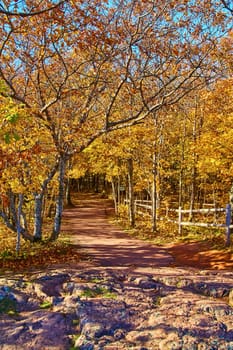 Autumn Stroll through Lake in the Clouds, Michigan - Picturesque Pathway with Rustic Fence and Vibrant Fall Foliage