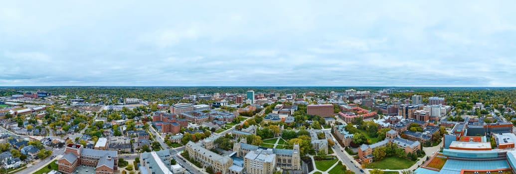 Panoramic view of a richly diverse urban architecture in Ann Arbor, Michigan, showcasing a blend of modern and traditional structures under an overcast sky.