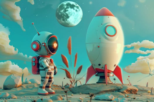 3d cartoon of astronaut and rocket with moon. Generative AI.