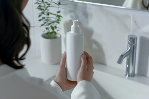 Package design cosmetic mockup, The woman's hands picking up a white blank bottle of the hair cream.