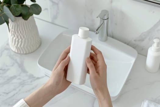 Package design cosmetic mockup, The woman's hands picking up a white blank bottle of the hair cream.