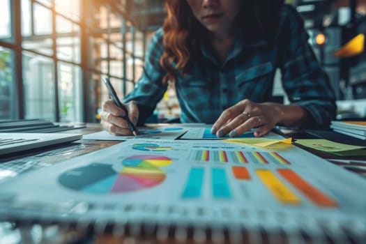 Selective focus on the businesswoman's hand, writing down tasks and note, office background.