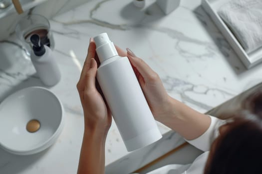 Package design cosmetic mockup, The woman's hands picking up a white blank bottle of the hair cream.
