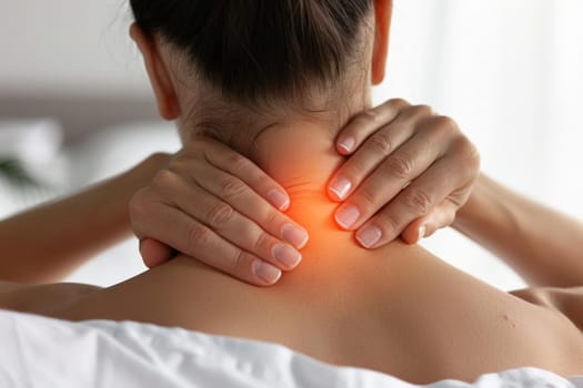 Neck pain, woman suffering from pain in neck, person with Cervical pain on white background.