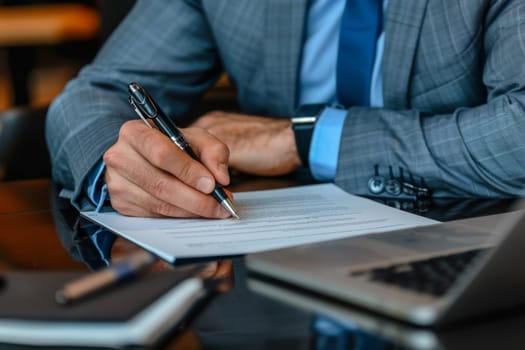 Close up hands of Businessman signing a document on desk, office background, Business concept.