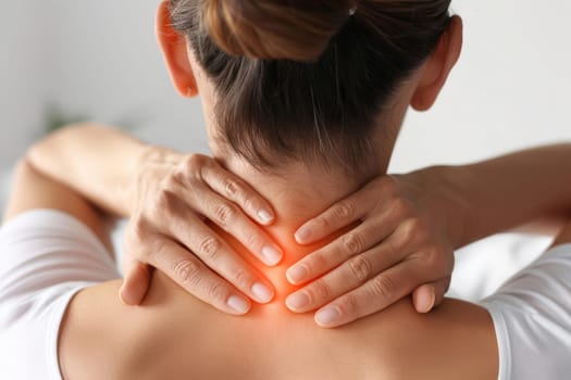 Neck pain, woman suffering from pain in neck, person with Cervical pain on white background.