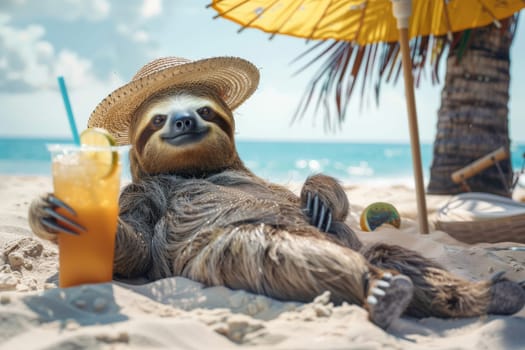 a crazy sloth lies chilled by the sea with a sun hat and a drink in his hand, summer vacation.