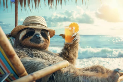 a crazy sloth lies chilled by the sea with a sun hat and a drink in his hand, summer vacation.