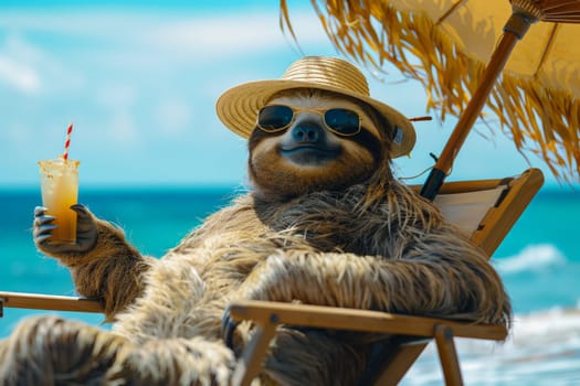 a crazy sloth lies chilled by the sea with a sun hat and a drink in his hand, summer vacation.