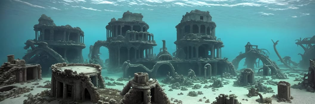 Discover the mystical depths of an Underwater Ruins. Submerged buildings, coral-covered columns, schools of exotic fish glide through the streets. Dive into the enchanting remnants of a lost city. Generative AI.