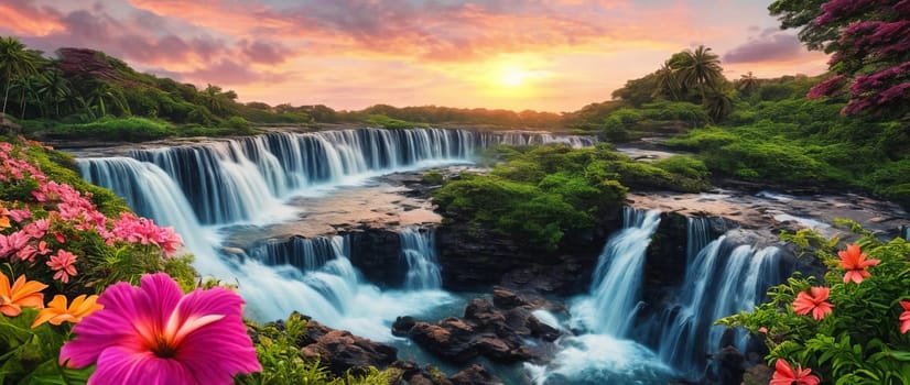 Fantasy landscape with waterfall at sunset, panorama.
