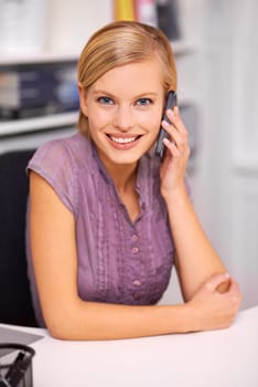 Woman, cellphone call and smile for portrait in office with contact, communication or deal at startup agency. Person, employee and mobile phone for conversation, negotiation or listening in workplace.