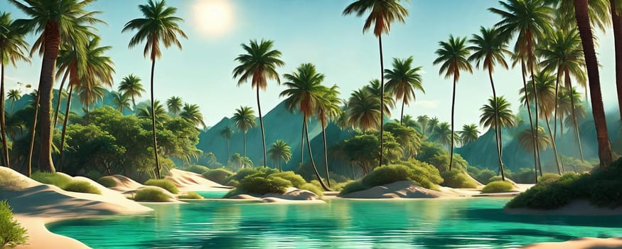 A hidden oasis in the desert with emerald-green waters, palm trees, and magical sand dunes that shift shape. AI Generated