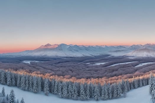 A serene winter landscape, picturesque panorama. Snow-covered landscapes, frost-covered trees, and wintery scenes. Generative