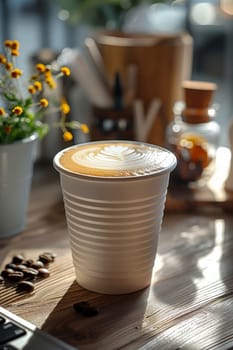 Coffee break in cozy office and natural background