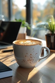 Coffee break in cozy office and natural background
