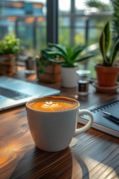 Coffee break in cozy office and natural background